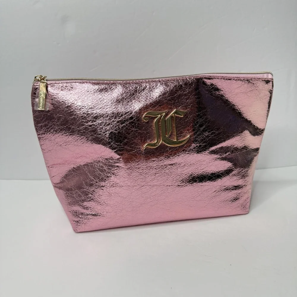 Juicy Couture Cosmetic Bag Pink Metallic‎ Pouch Makeup Case Gold Logo Womens Zip